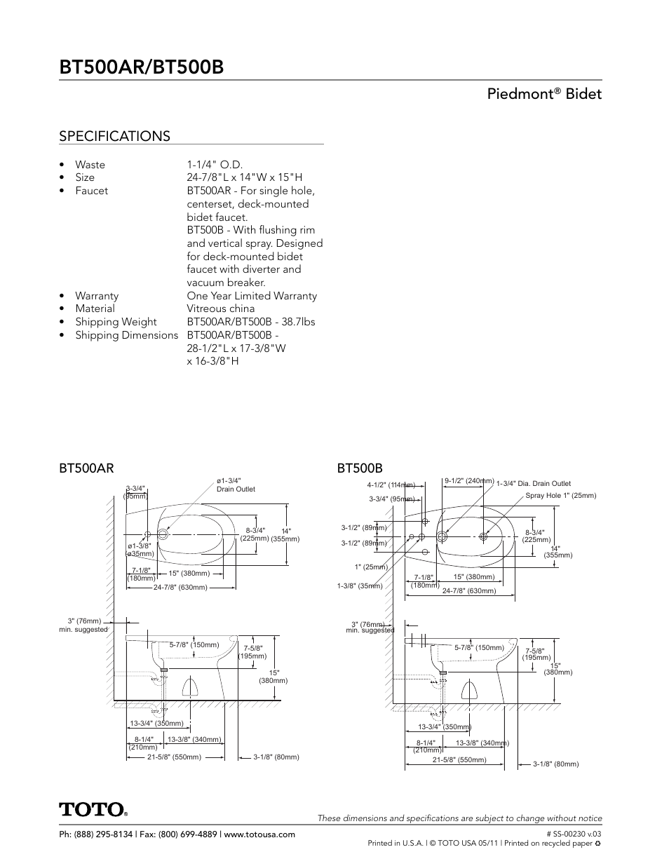 Piedmont, Bidet, Specifications | Factory Direct Hardware Toto BT500AR Piedmont User Manual | Page 2 / 2