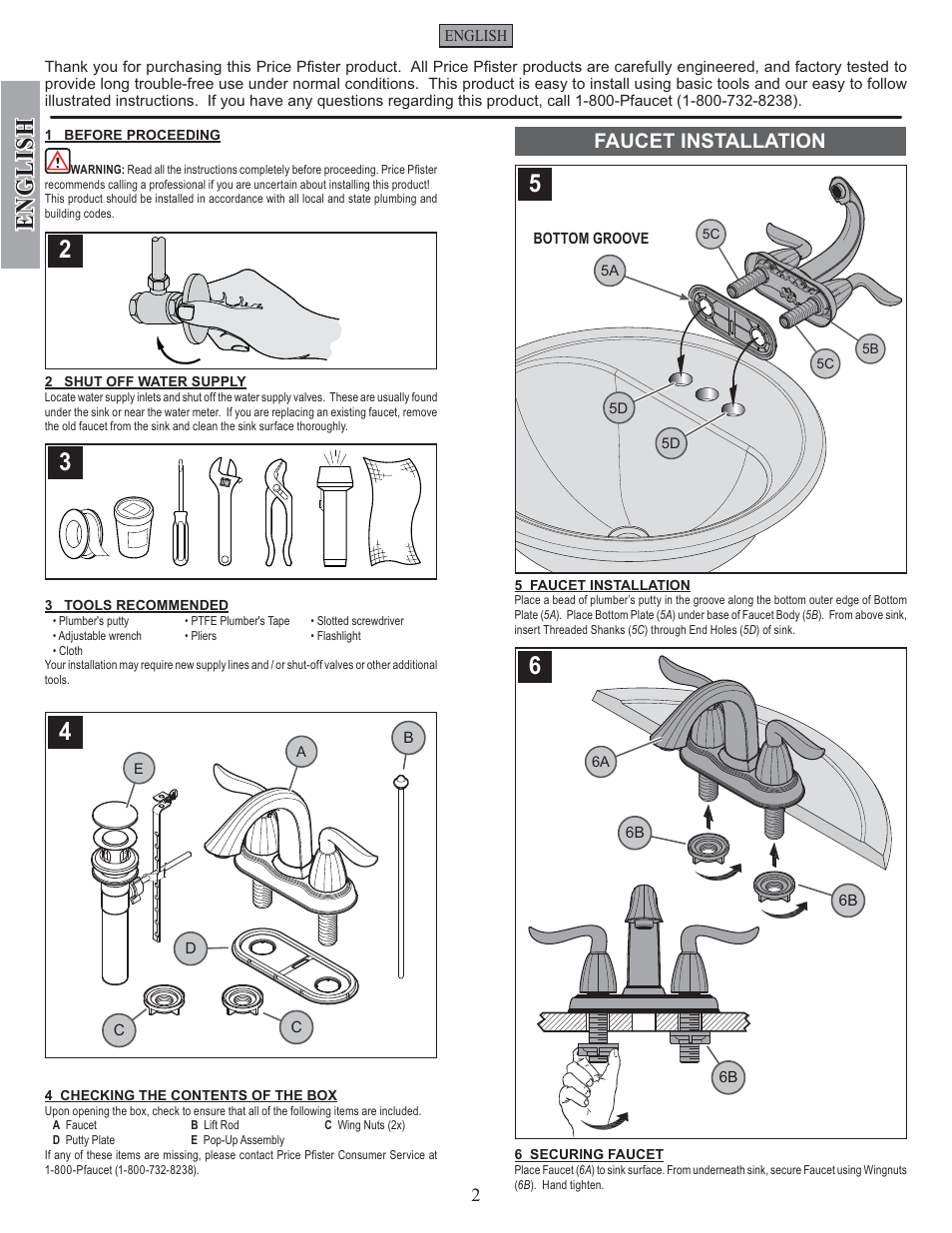 English, Faucet installation | Pfister F-048-ST0K User Manual | Page 2 / 12