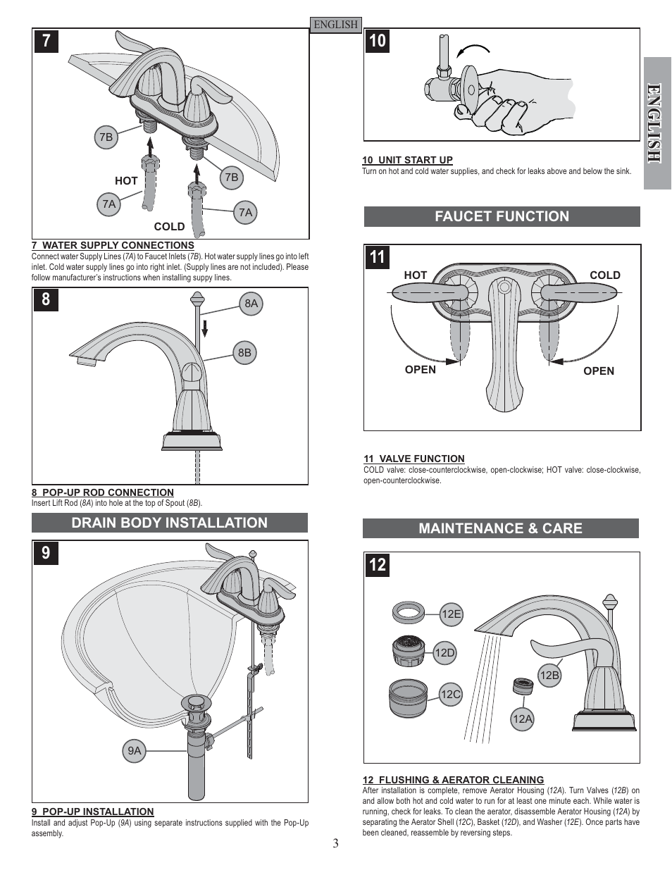 English, Maintenance & care, Faucet function | Drain body installation | Pfister F-048-ST0K User Manual | Page 3 / 12