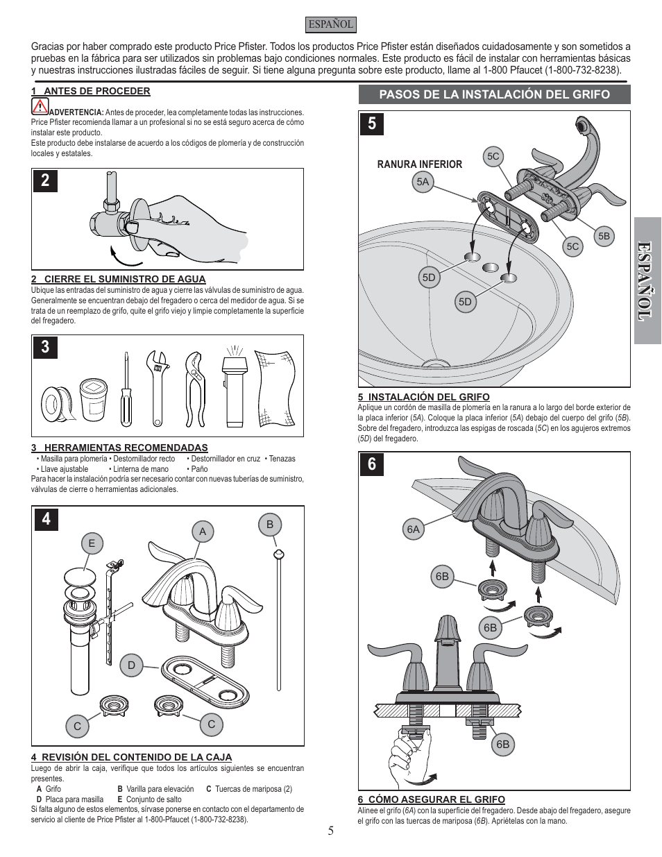 Esp a ñ ol | Pfister F-048-ST0K User Manual | Page 5 / 12