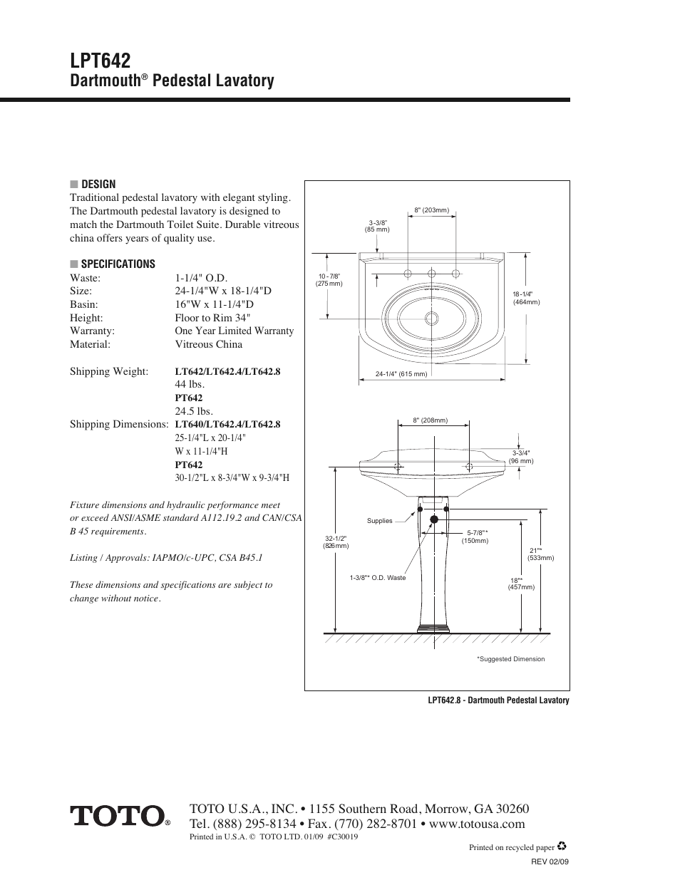 Lpt642, Dartmouth, Pedestal lavatory | Factory Direct Hardware Toto LT642 User Manual | Page 2 / 2