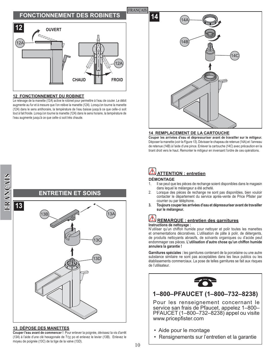Fran ç ais, Fonctionnement des robinets entretien et soins | Pfister F-042-VGKK User Manual | Page 10 / 12