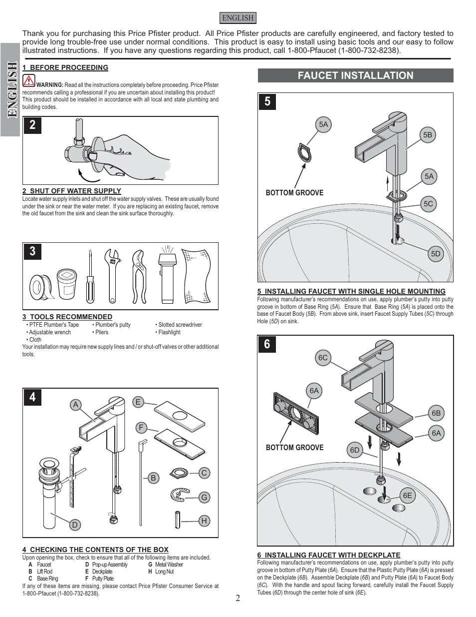 English, Faucet installation | Pfister F-042-VGKK User Manual | Page 2 / 12