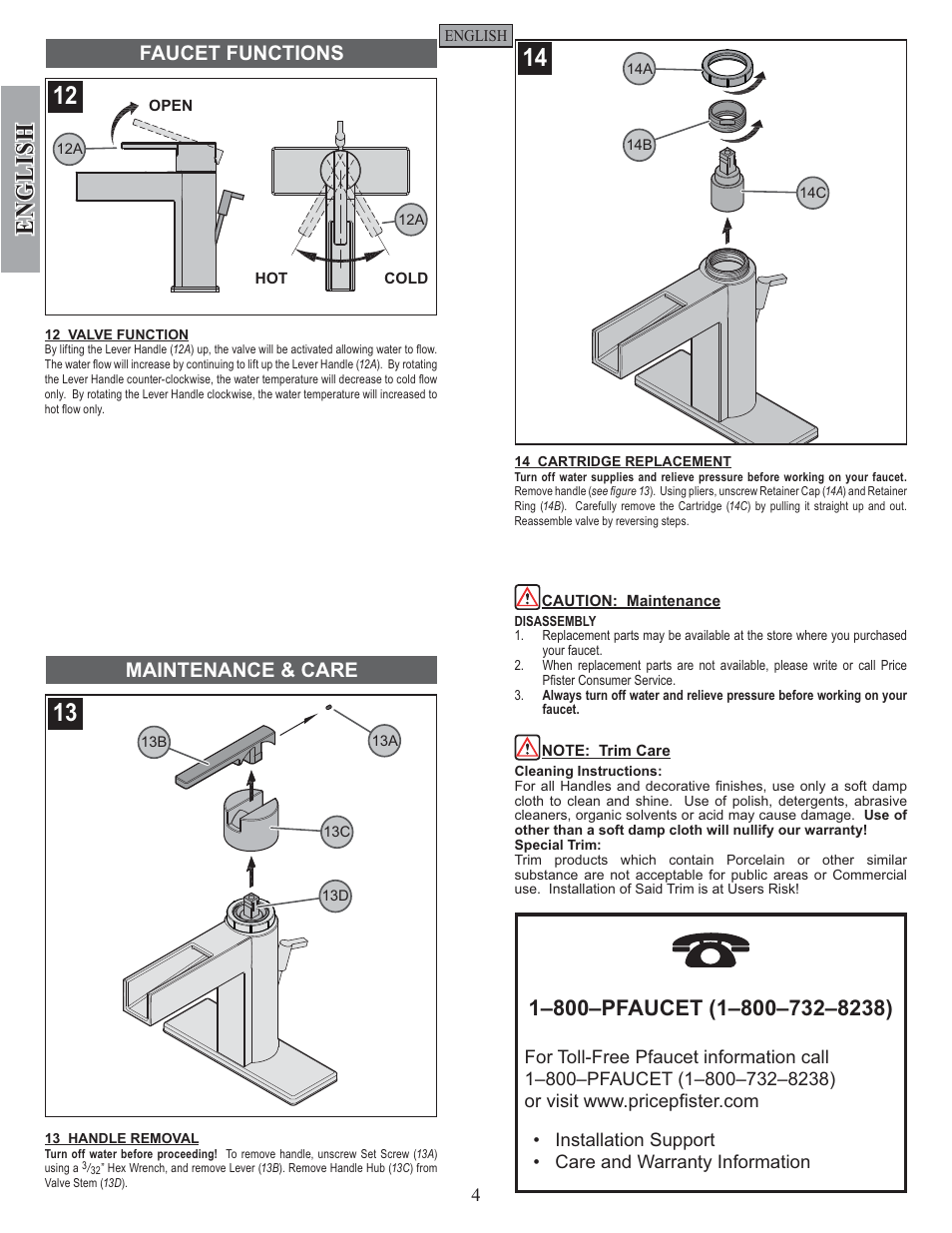 English, Faucet functions maintenance & care | Pfister F-042-VGKK User Manual | Page 4 / 12