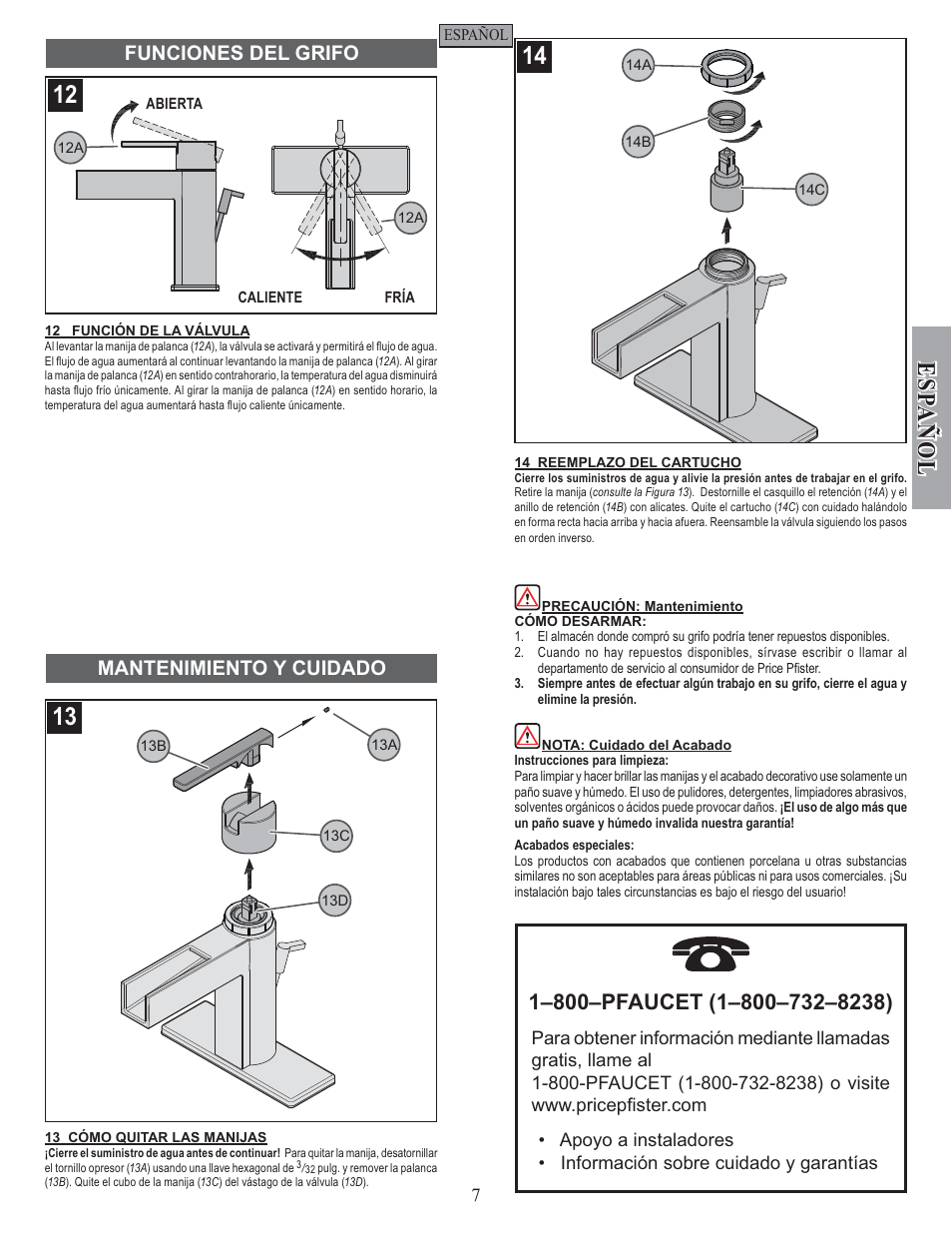 Esp a ñ ol, Funciones del grifo mantenimiento y cuidado | Pfister F-042-VGKK User Manual | Page 7 / 12