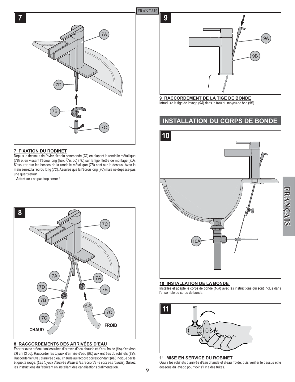 Fran ç ais, Installation du corps de bonde | Pfister F-042-VGKK User Manual | Page 9 / 12