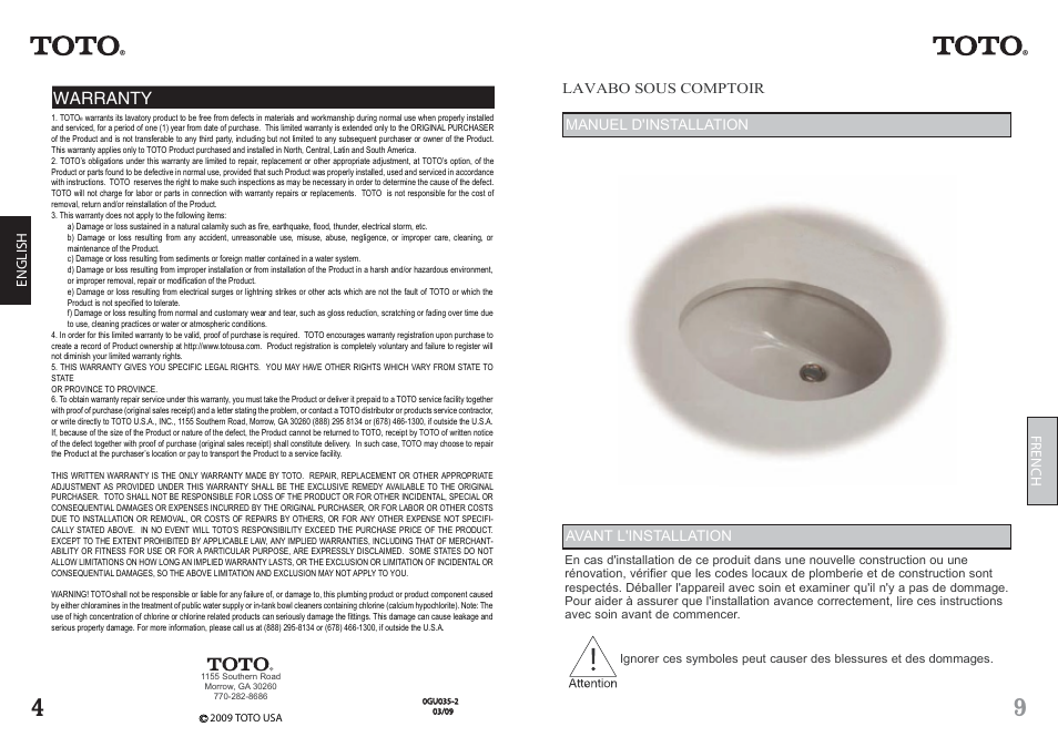 Warranty, French english | Factory Direct Hardware Toto LT183 User Manual | Page 4 / 6