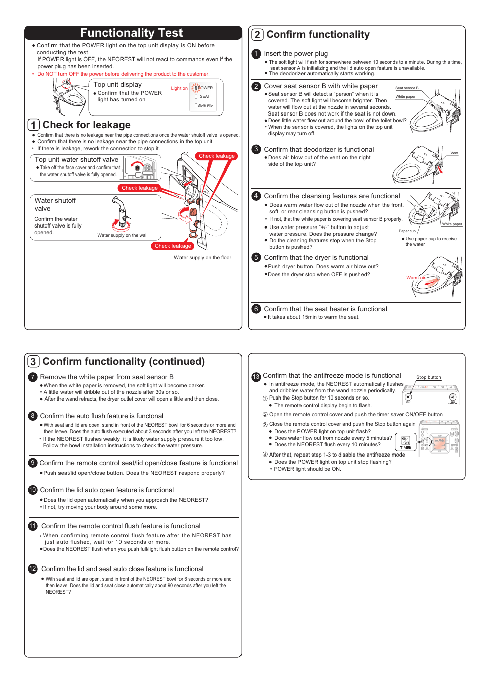 Functionality test, Check for leakage 1 | Factory Direct Hardware Toto MS980CMG Neorest 550 User Manual | Page 3 / 4