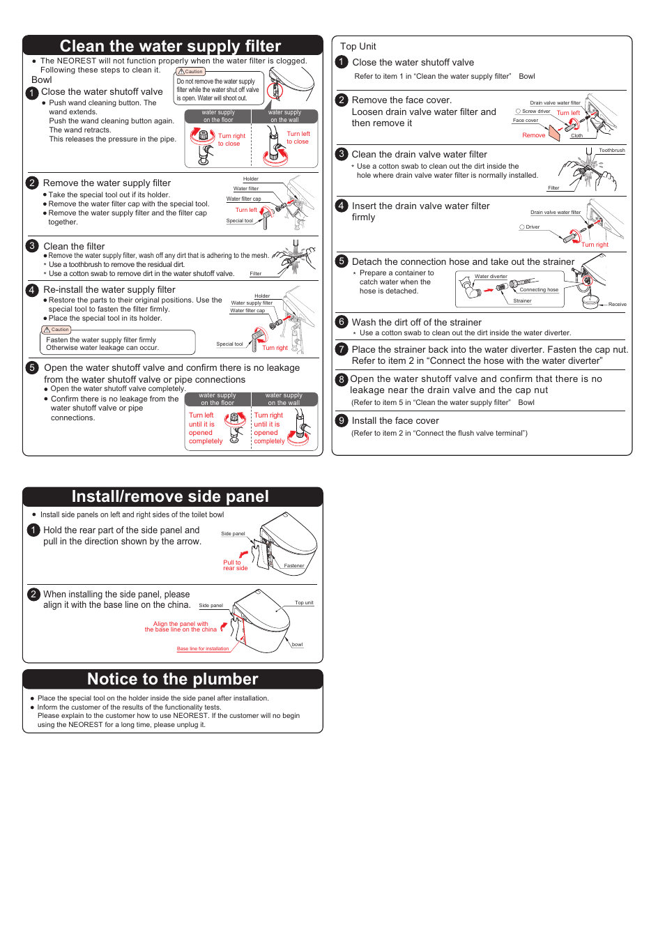 Clean the water supply filter, Install/remove side panel notice to the plumber | Factory Direct Hardware Toto MS980CMG Neorest 550 User Manual | Page 4 / 4