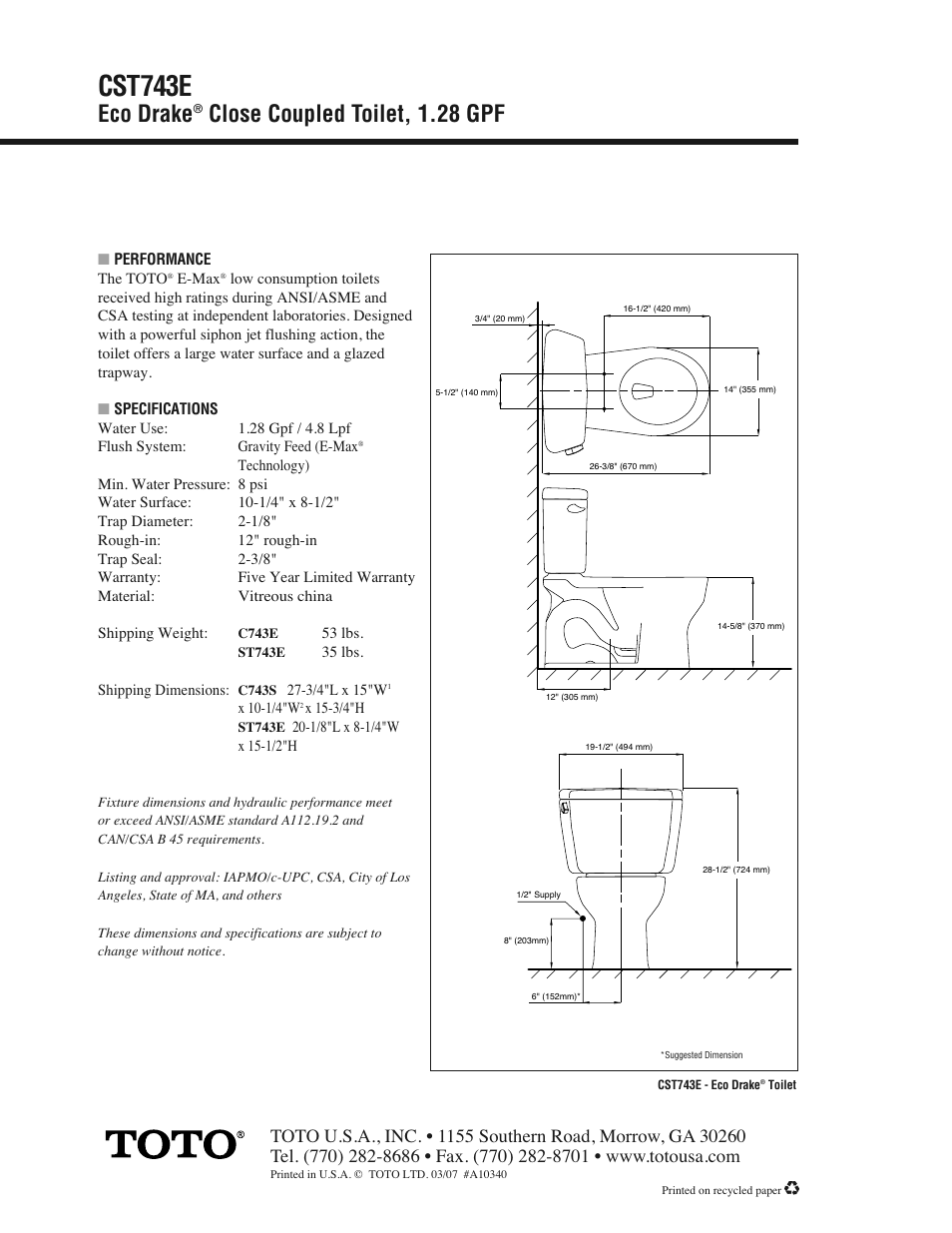 Cst743e, Eco drake, Close coupled toilet, 1.28 gpf | Factory Direct Hardware Toto CST743E Eco Drake User Manual | Page 2 / 2