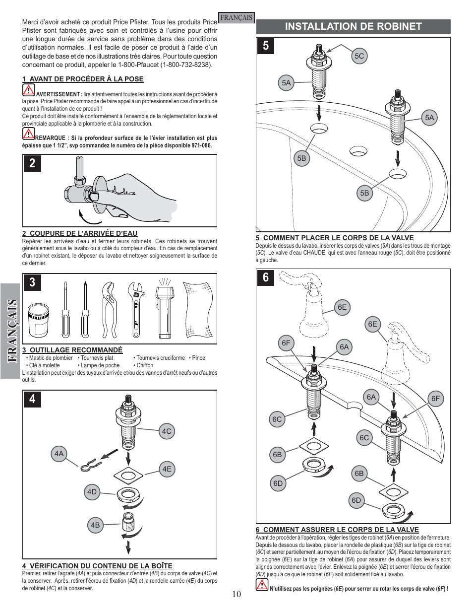Fran ç ais, Installation de robinet | Factory Direct Hardware Pfister GT49-YP0 User Manual | Page 10 / 14