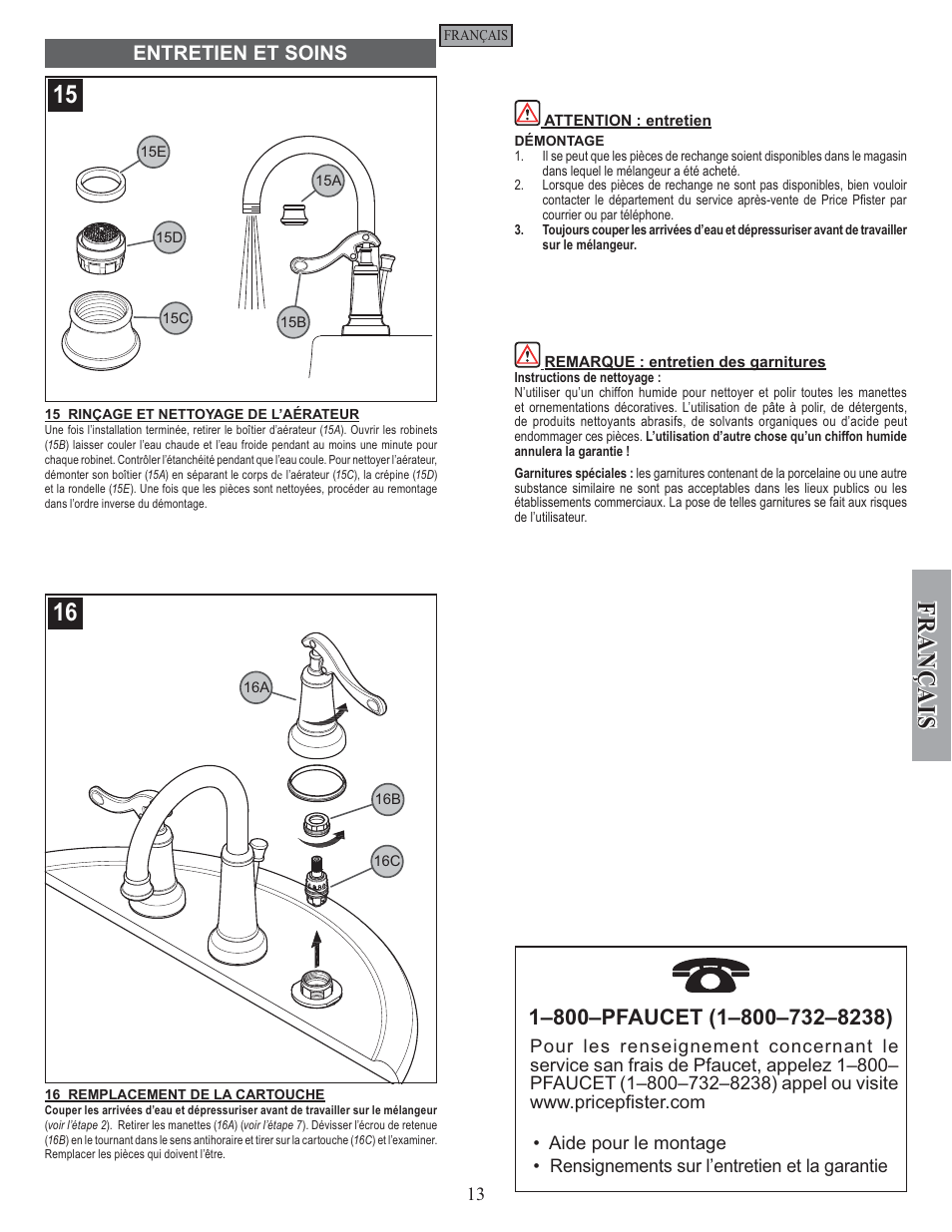 Fran ç ais, Entretien et soins | Factory Direct Hardware Pfister GT49-YP0 User Manual | Page 13 / 14