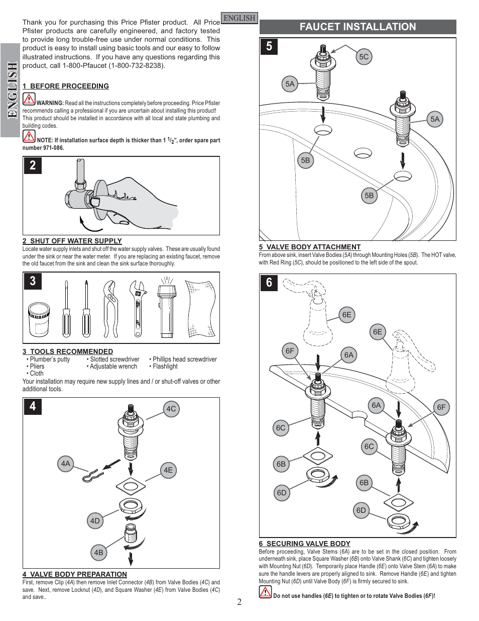English, Faucet installation | Factory Direct Hardware Pfister GT49-YP0 User Manual | Page 2 / 14