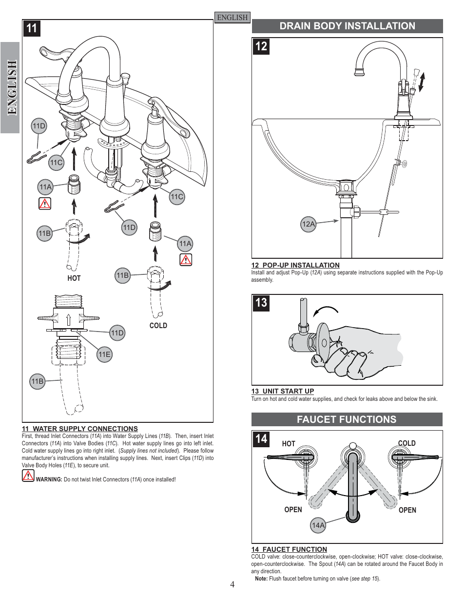 English, Drain body installation faucet functions | Factory Direct Hardware Pfister GT49-YP0 User Manual | Page 4 / 14