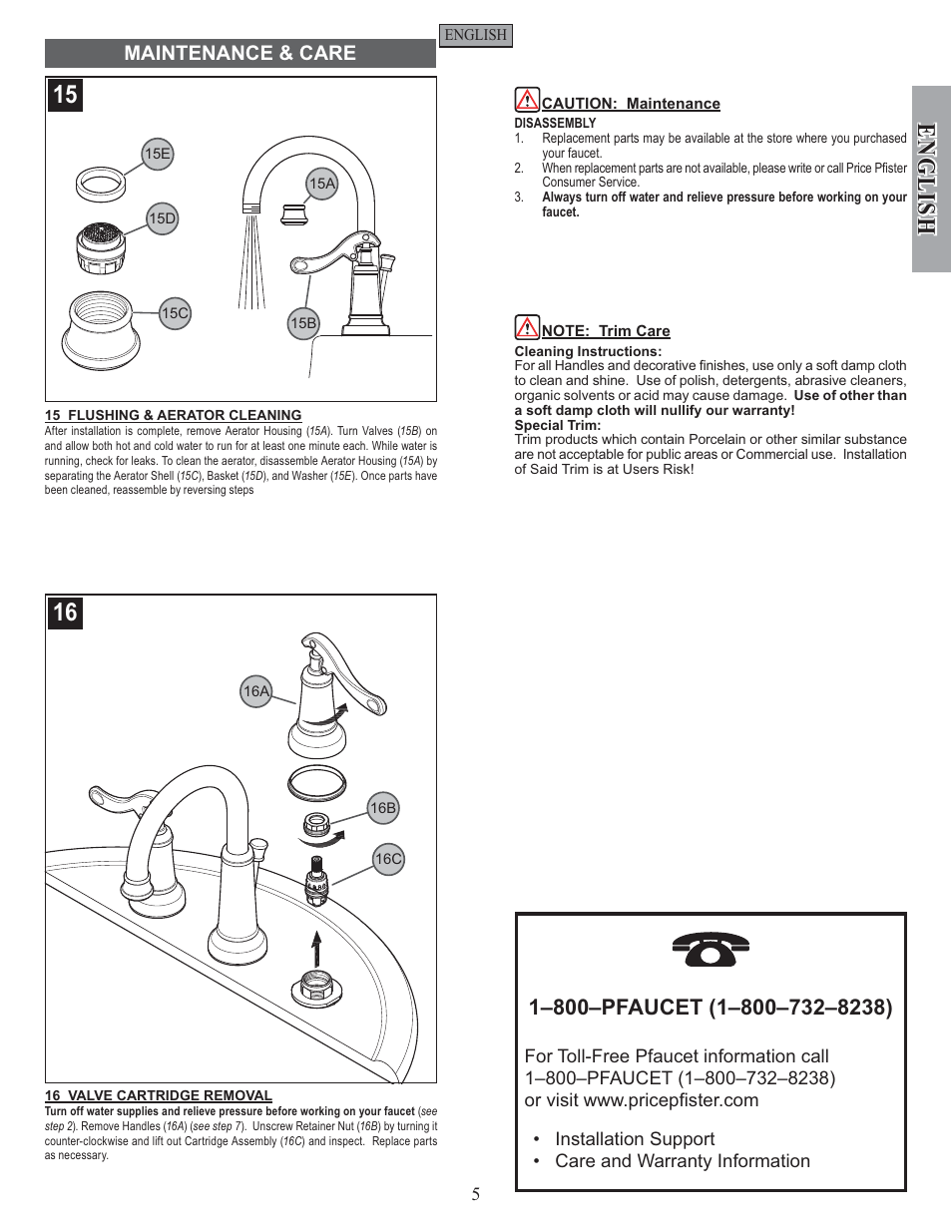 English, Maintenance & care | Factory Direct Hardware Pfister GT49-YP0 User Manual | Page 5 / 14