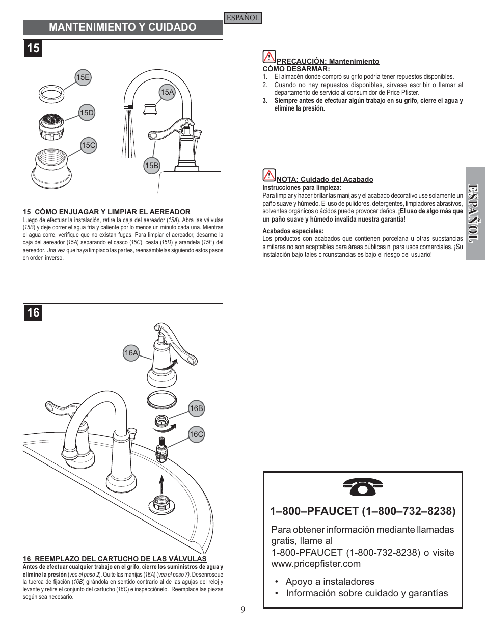 Esp a ñ ol, Mantenimiento y cuidado | Factory Direct Hardware Pfister GT49-YP0 User Manual | Page 9 / 14