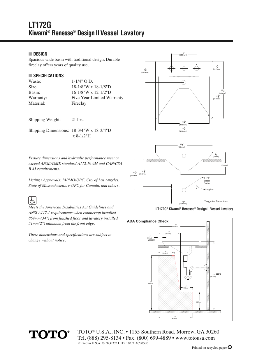 Lt172g, Kiwami, Renesse | Design ii vessel lavatory, Toto, Design | Factory Direct Hardware Toto LT172.8G#01 User Manual | Page 2 / 2