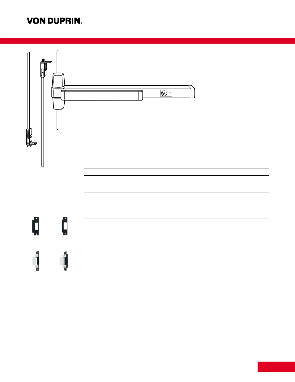 Chexit, Wood door concealed vertical rod device, Features | Dimensions, Strikes and fasteners, Device option, Scalp plate | Factory Direct Hardware Von Duprin CX9947EO3 User Manual | Page 6 / 17