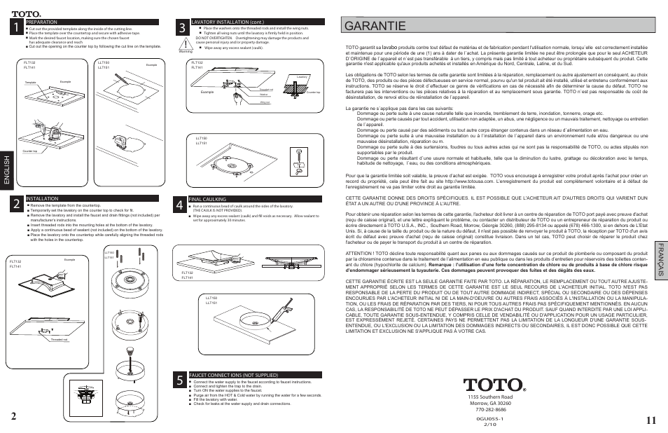 Pg 2 vessel 0gu055-1 rev2, Garantie | Factory Direct Hardware Toto LLT150#61 User Manual | Page 2 / 6
