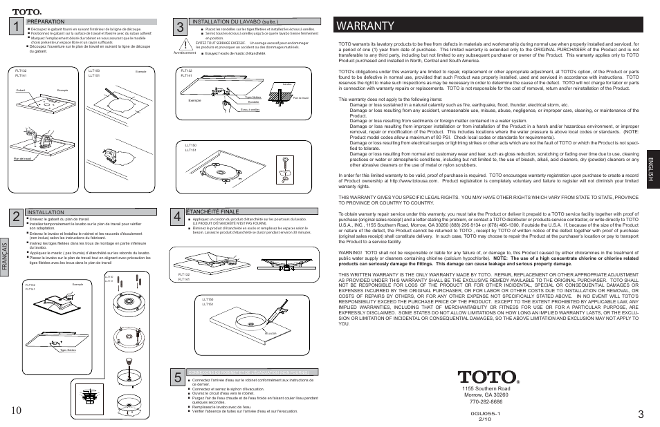 Pg 3 vessel 0gu055-1 rev2, Warranty | Factory Direct Hardware Toto LLT150#61 User Manual | Page 3 / 6