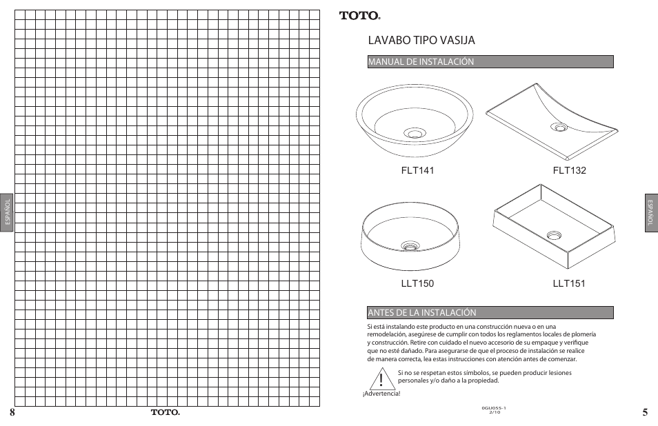 Pg 5 vessel 0gu055-1, Lavabo tipo vasija, Manual de instalación antes de la instalación | Factory Direct Hardware Toto LLT150#61 User Manual | Page 5 / 6