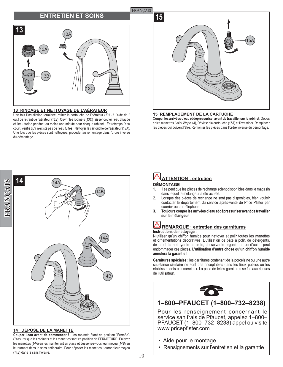 Fran ç ais, Entretien et soins | Factory Direct Hardware Pfister F-048-FLKK User Manual | Page 10 / 12