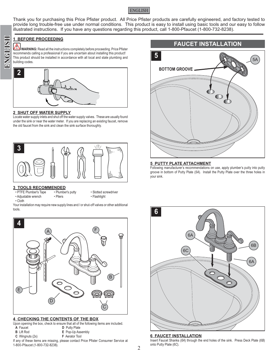 English, Faucet installation | Factory Direct Hardware Pfister F-048-FLKK User Manual | Page 2 / 12