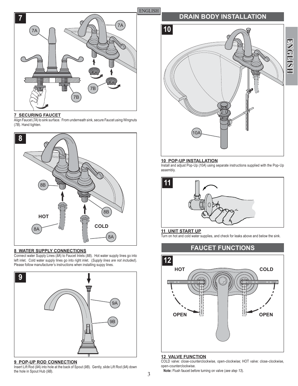 English, Drain body installation, Faucet functions | Factory Direct Hardware Pfister F-048-FLKK User Manual | Page 3 / 12