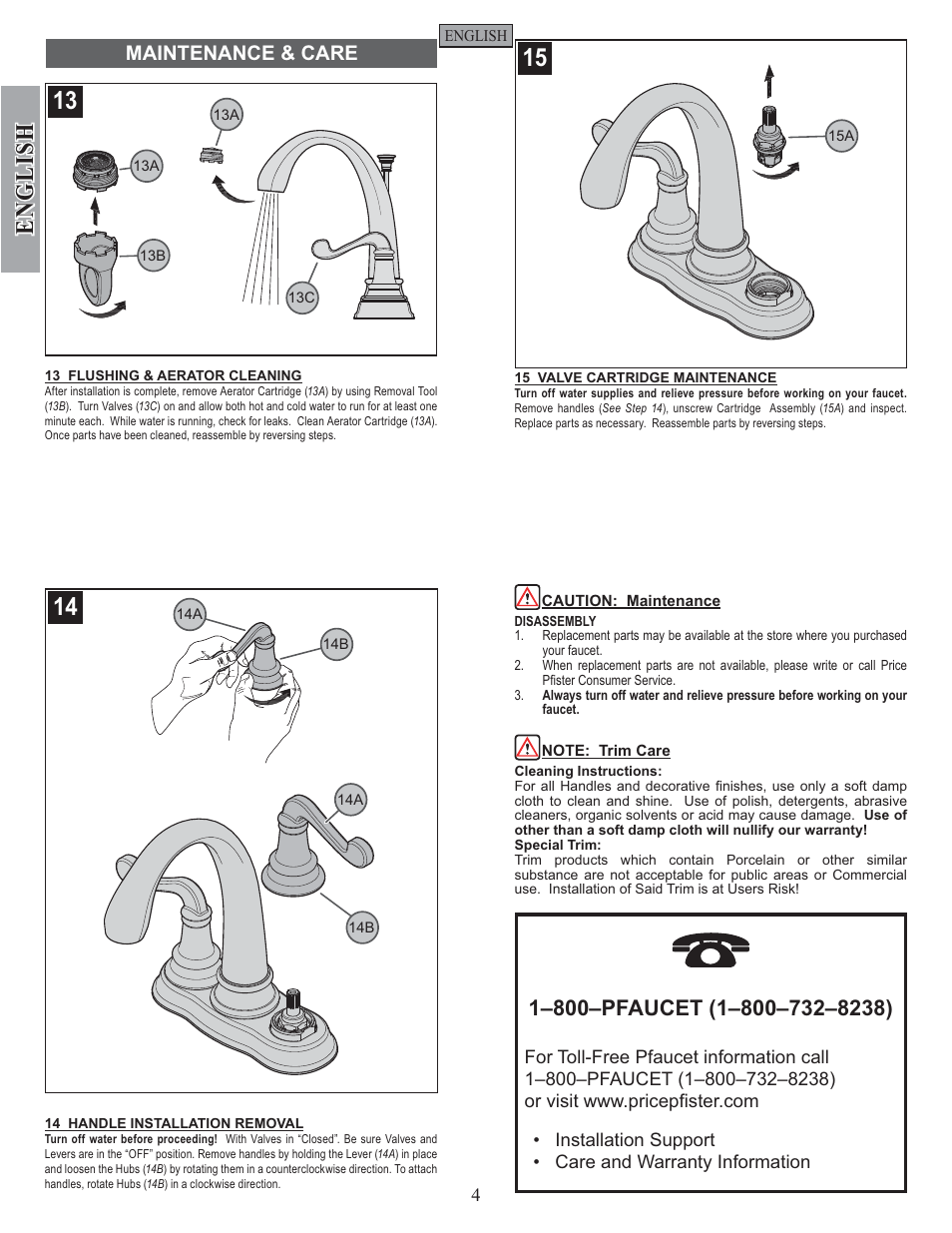 English, Maintenance & care | Factory Direct Hardware Pfister F-048-FLKK User Manual | Page 4 / 12