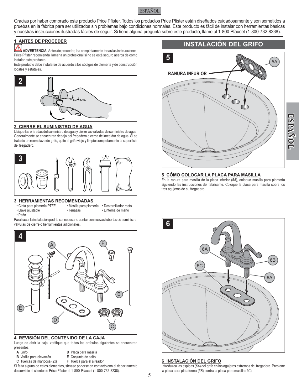 Esp a ñ ol, Instalación del grifo | Factory Direct Hardware Pfister F-048-FLKK User Manual | Page 5 / 12