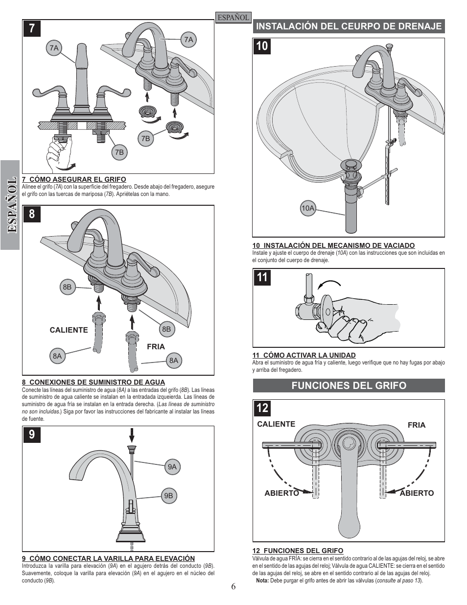 Esp a ñ ol, Funciones del grifo | Factory Direct Hardware Pfister F-048-FLKK User Manual | Page 6 / 12