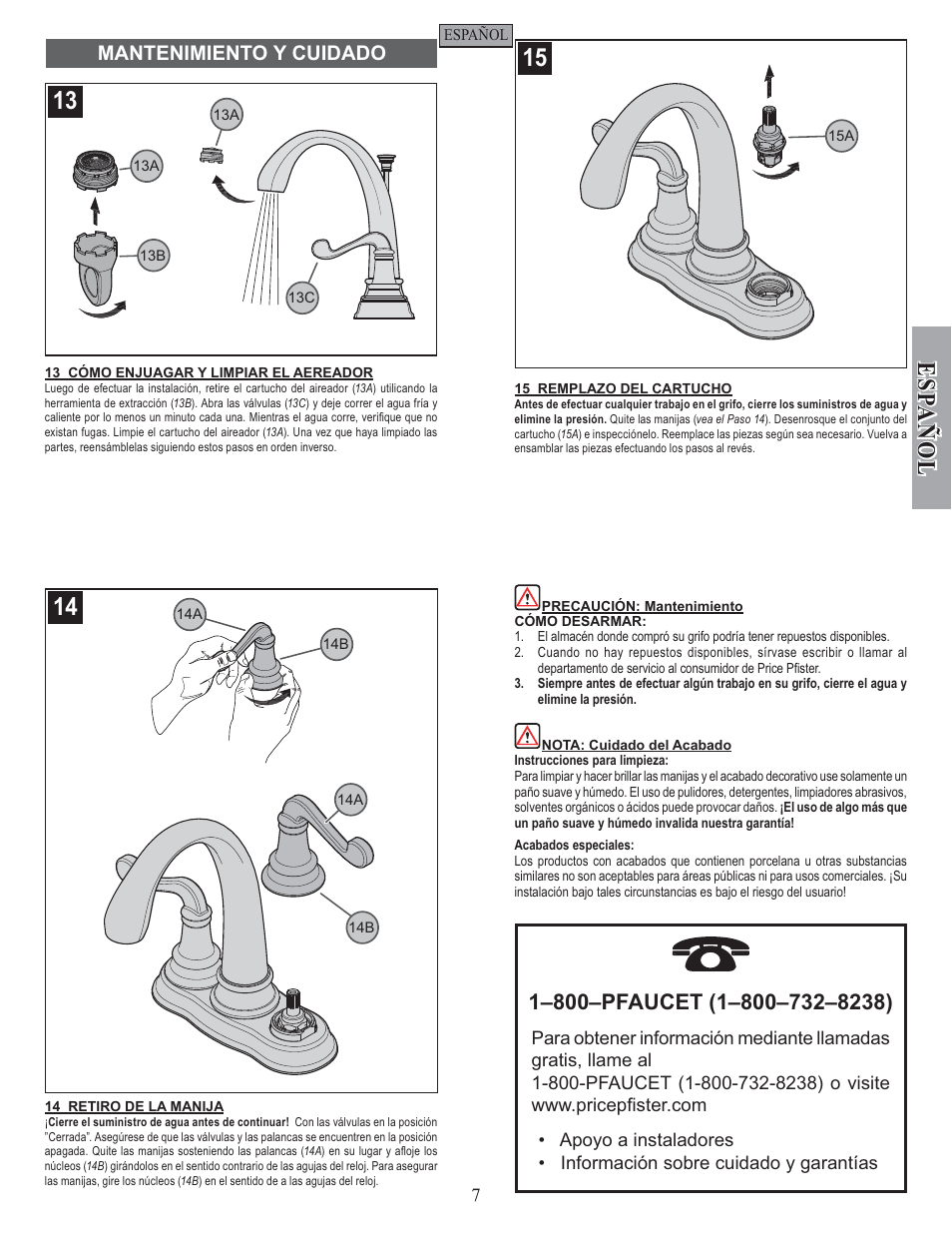 Esp a ñ ol, Mantenimiento y cuidado | Factory Direct Hardware Pfister F-048-FLKK User Manual | Page 7 / 12