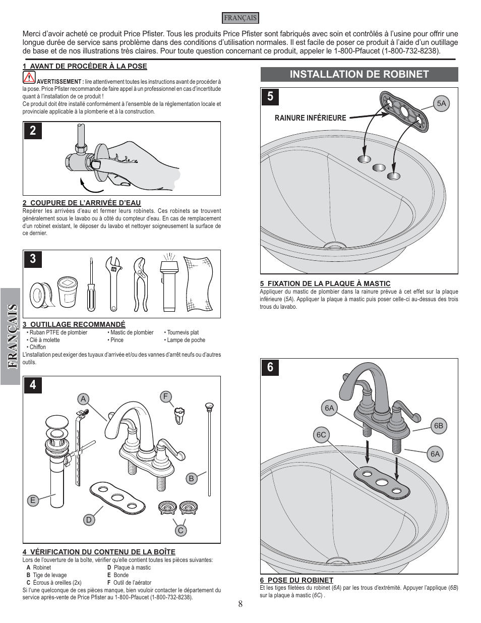 Fran ç ais, Installation de robinet | Factory Direct Hardware Pfister F-048-FLKK User Manual | Page 8 / 12