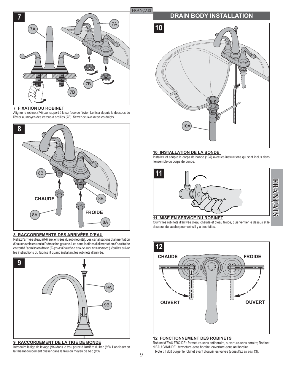 Fran ç ais, Installation du corps de bonde, Drain body installation | Factory Direct Hardware Pfister F-048-FLKK User Manual | Page 9 / 12