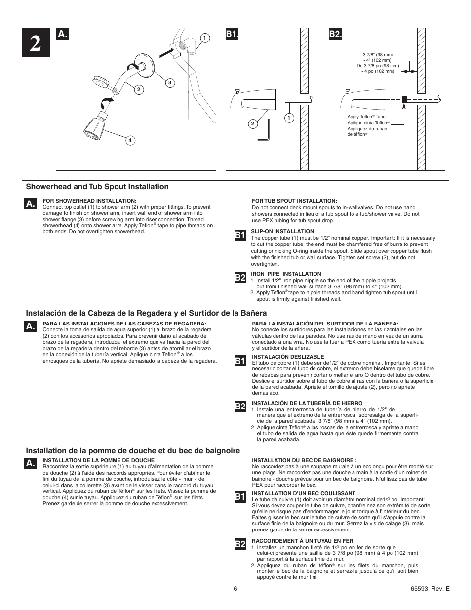 B1. b2, Showerhead and tub spout installation | Factory Direct Hardware Delta BT13210 User Manual | Page 6 / 8
