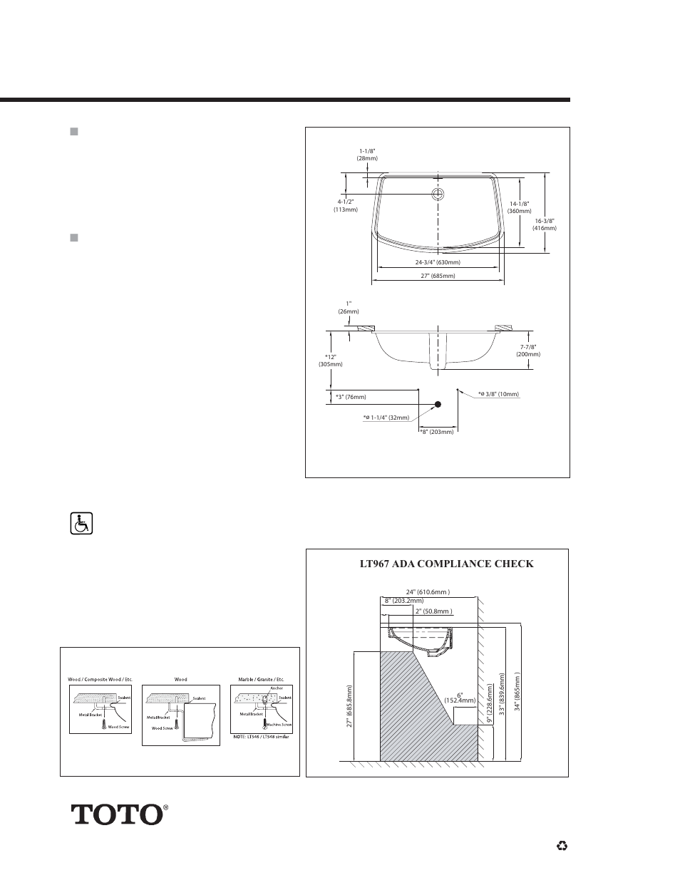 Lt967, Soirée™ undercounter lavatory | Factory Direct Hardware Toto LT967 User Manual | Page 2 / 2