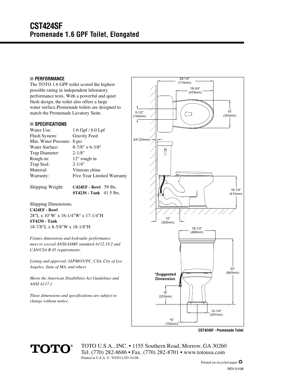 Cst424sf, Promenade 1.6 gpf toilet, elongated | Factory Direct Hardware Toto C424EF User Manual | Page 2 / 2