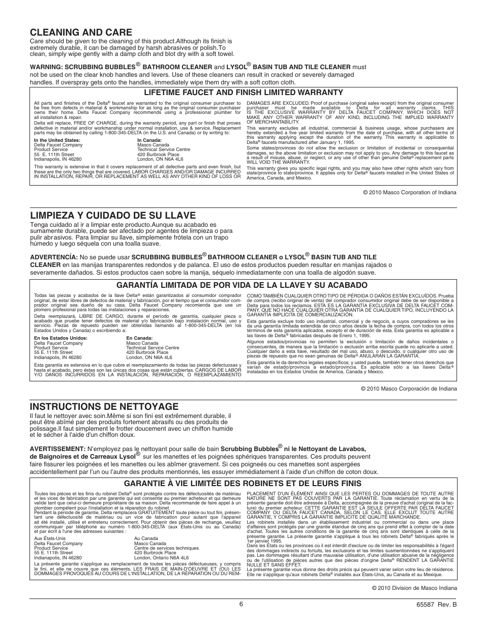 Cleaning and care, Instructions de nettoyage, Limpieza y cuidado de su llave | Lifetime faucet and finish limited warranty | Factory Direct Hardware Delta B2310LF Foundations Core User Manual | Page 6 / 6
