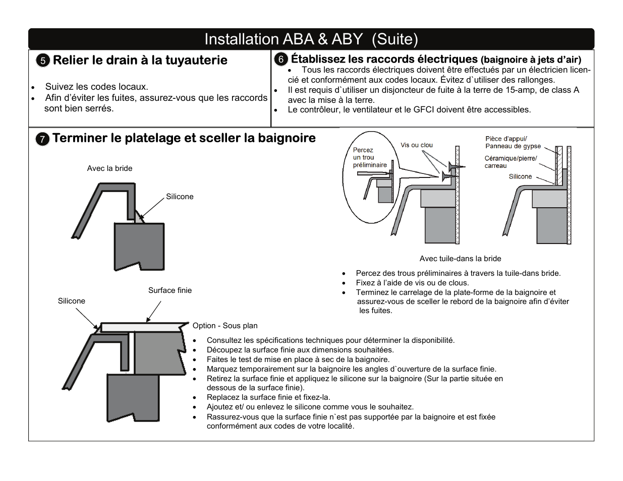 Installation aba & aby (suite), Terminer le platelage et sceller la baignoire, Relier le drain à la tuyauterie | Factory Direct Hardware Toto ABA782L User Manual | Page 10 / 21