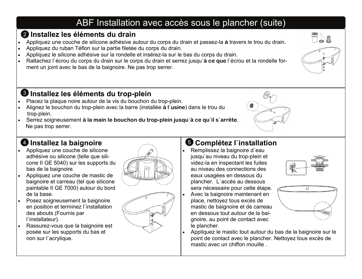 Installez les éléments du drain, Installez les éléments du trop-plein, Installez la baignoire | Complétez l`installation | Factory Direct Hardware Toto ABA782L User Manual | Page 12 / 21