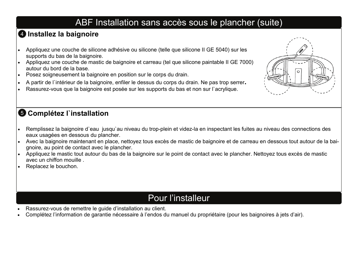 Pour l’installeur, Installez la baignoire, Complétez l`installation | Factory Direct Hardware Toto ABA782L User Manual | Page 14 / 21