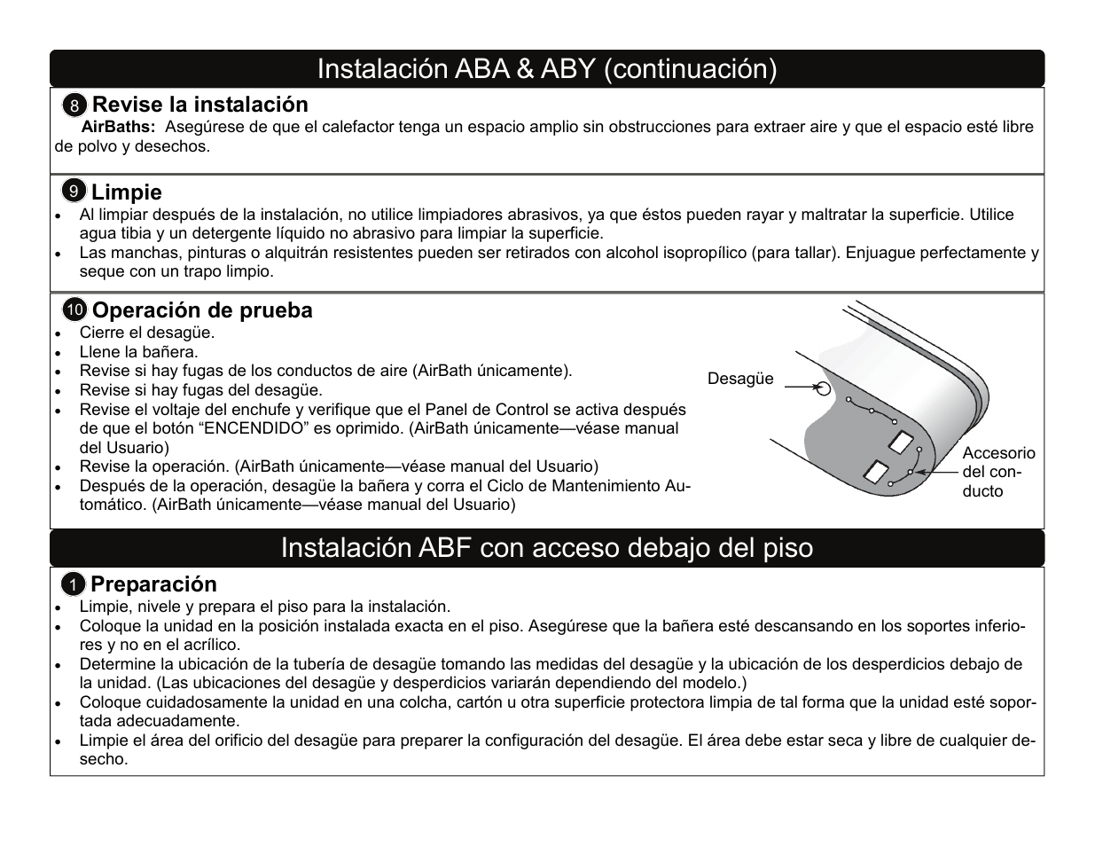 Instalación aba & aby (continuación), Instalación abf con acceso debajo del piso, Revise la instalación | Limpie, Operación de prueba, Preparación | Factory Direct Hardware Toto ABA782L User Manual | Page 18 / 21