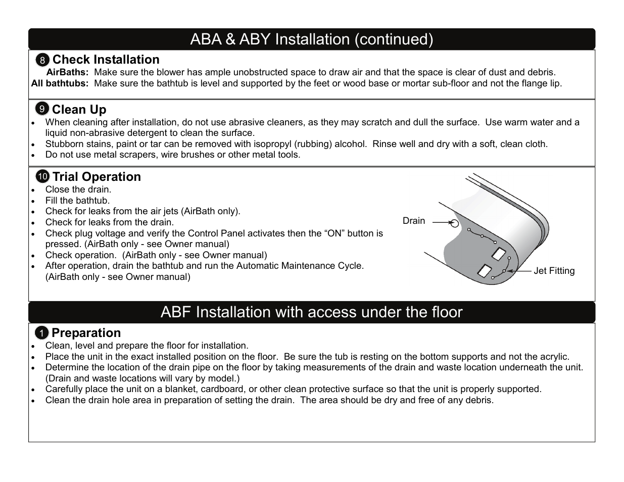 Aba & aby installation (continued), Abf installation with access under the floor, Check installation | Clean up, Trial operation, Preparation | Factory Direct Hardware Toto ABA782L User Manual | Page 4 / 21
