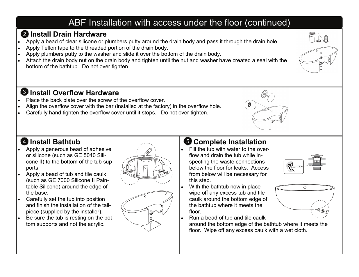 Install drain hardware, Install overflow hardware, Install bathtub | Complete installation | Factory Direct Hardware Toto ABA782L User Manual | Page 5 / 21
