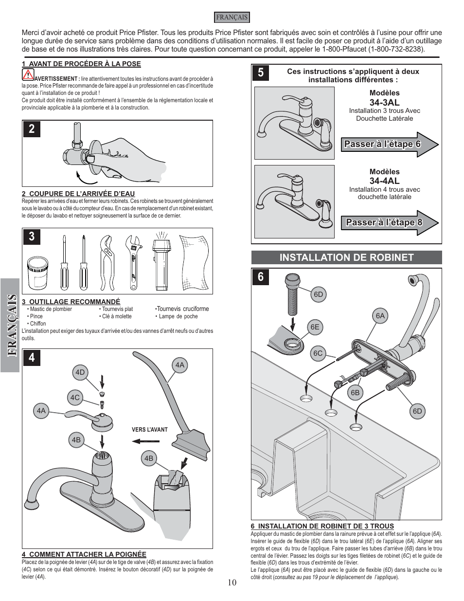Fran ç ais, Installation de robinet | Pfister F-034-4ALS User Manual | Page 10 / 14