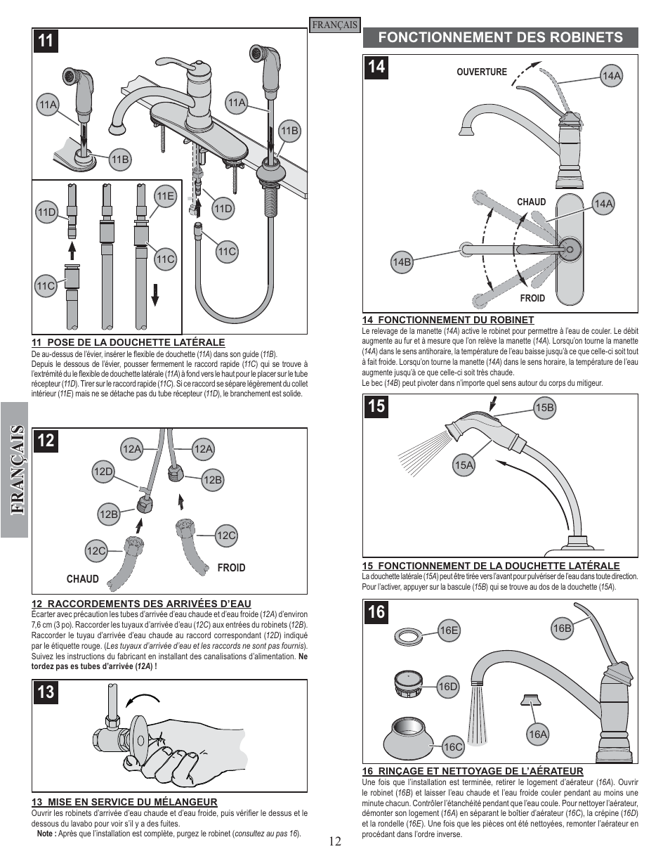 Fran ç ais, Fonctionnement des robinets | Pfister F-034-4ALS User Manual | Page 12 / 14