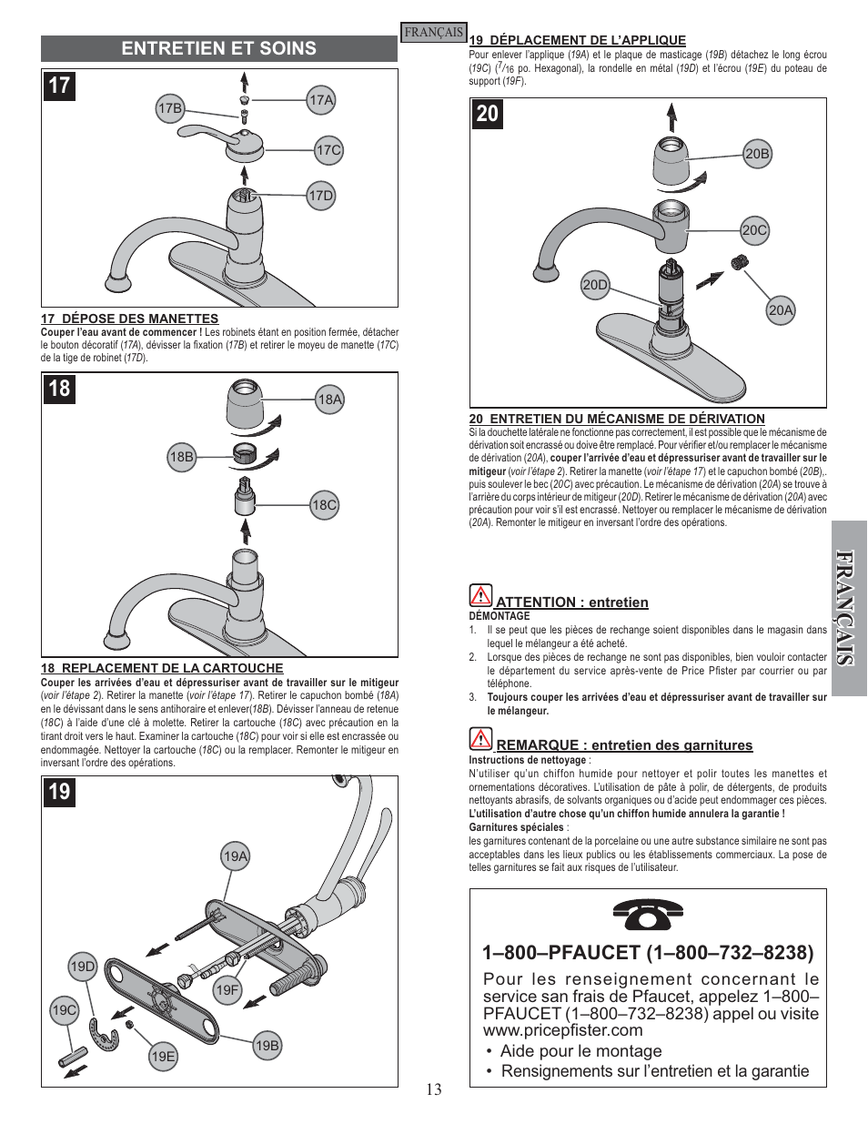 Fran ç ais, Entretien et soins | Pfister F-034-4ALS User Manual | Page 13 / 14