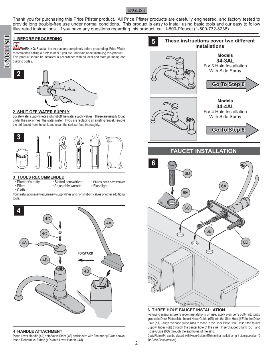 English, Faucet installation | Pfister F-034-4ALS User Manual | Page 2 / 14