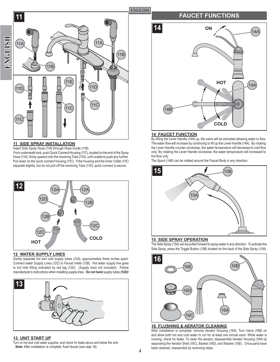 English, Faucet functions | Pfister F-034-4ALS User Manual | Page 4 / 14
