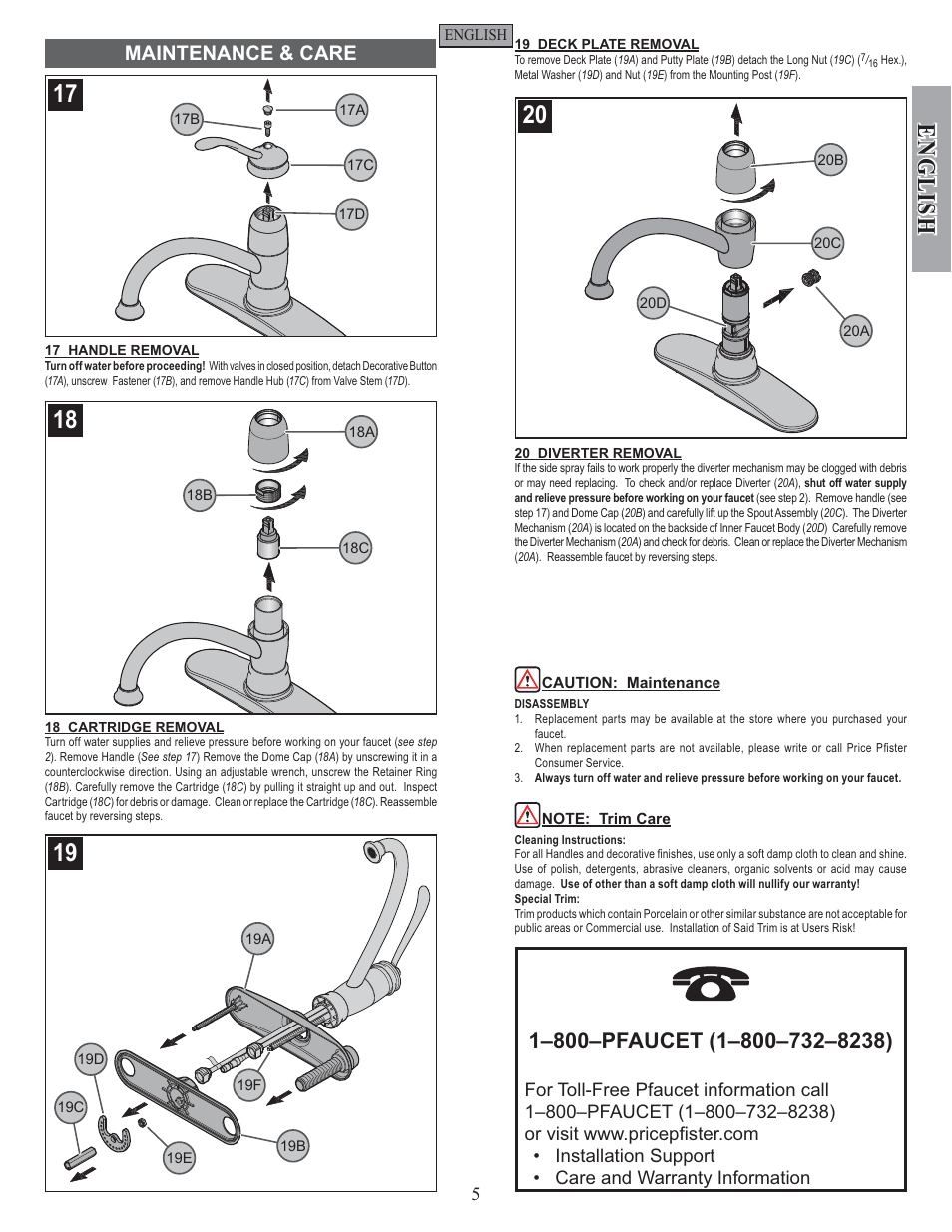 English, Maintenance & care | Pfister F-034-4ALS User Manual | Page 5 / 14